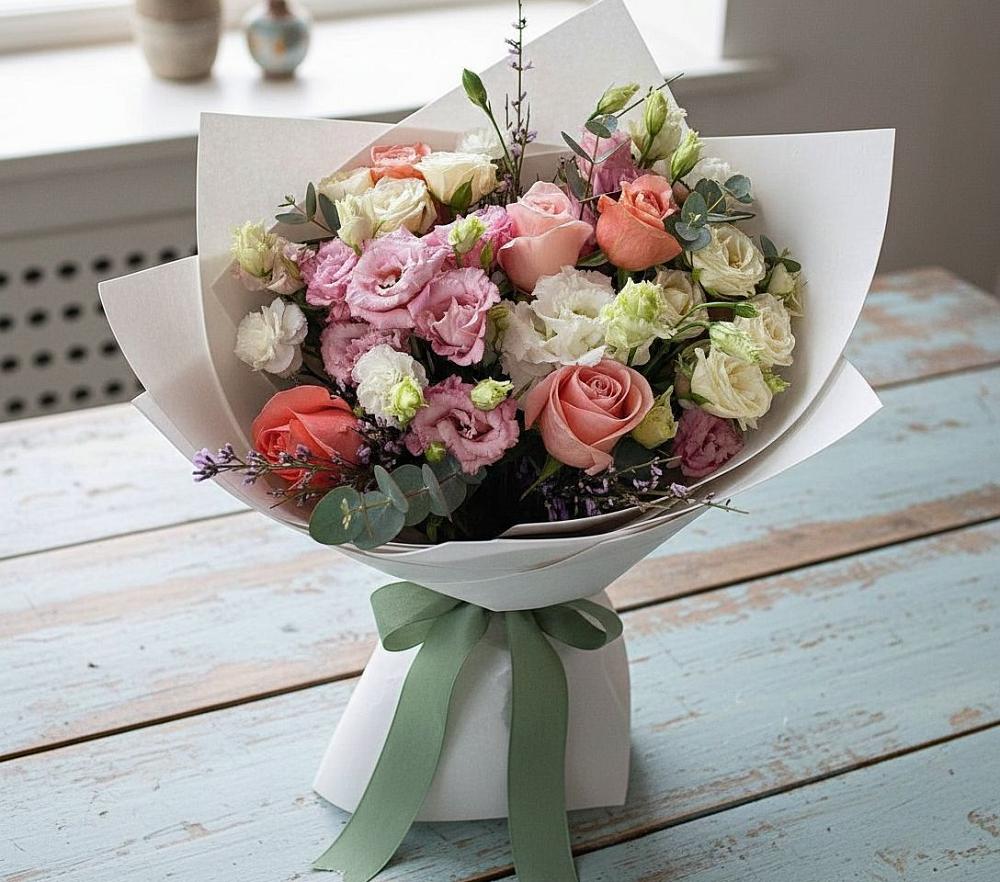 Букет цветов из: Розы, Лизиантусы и Гвоздики в Дунай